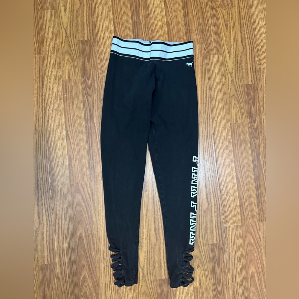 VS PINK black leggings white striped fold-over waist strappy ankle detail small